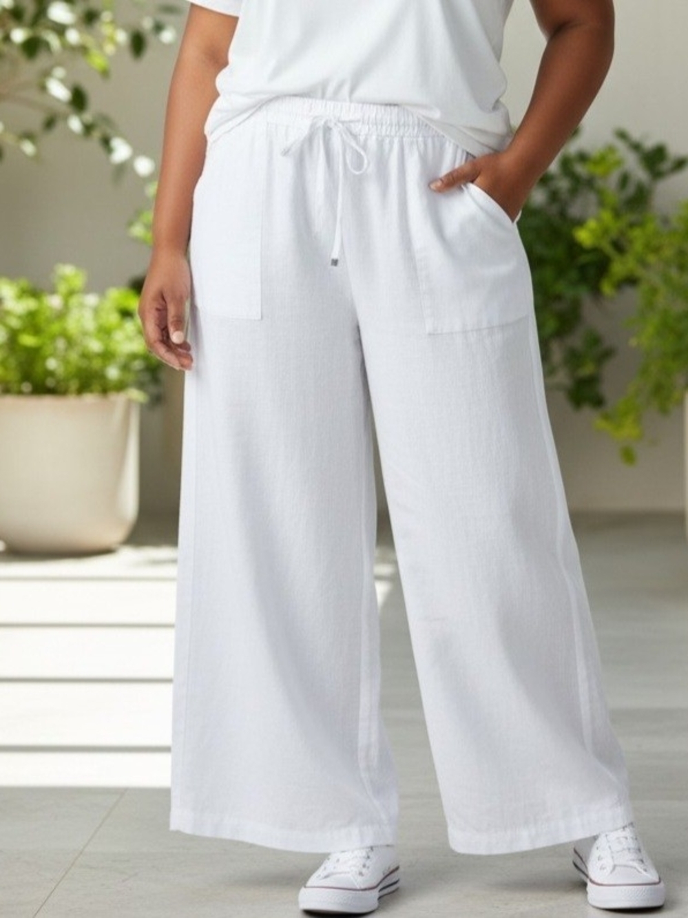 LOFT Linen And Cotton White Wide-Leg Drawstring Pants with Front Pockets